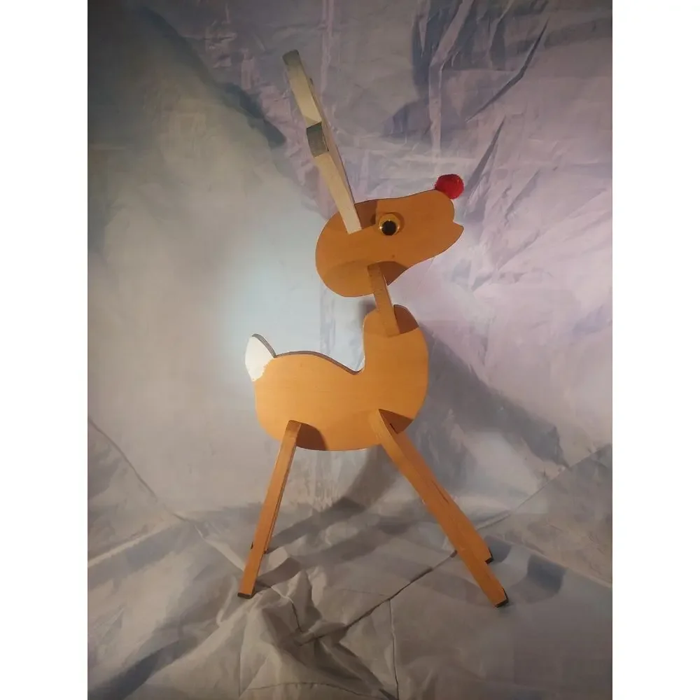 Vintage Rudolph Reindeer Christmas Decoration 19.5” Painted Wood Slot Build